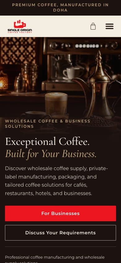 Single Origin Coffee Factory homepage on mobile