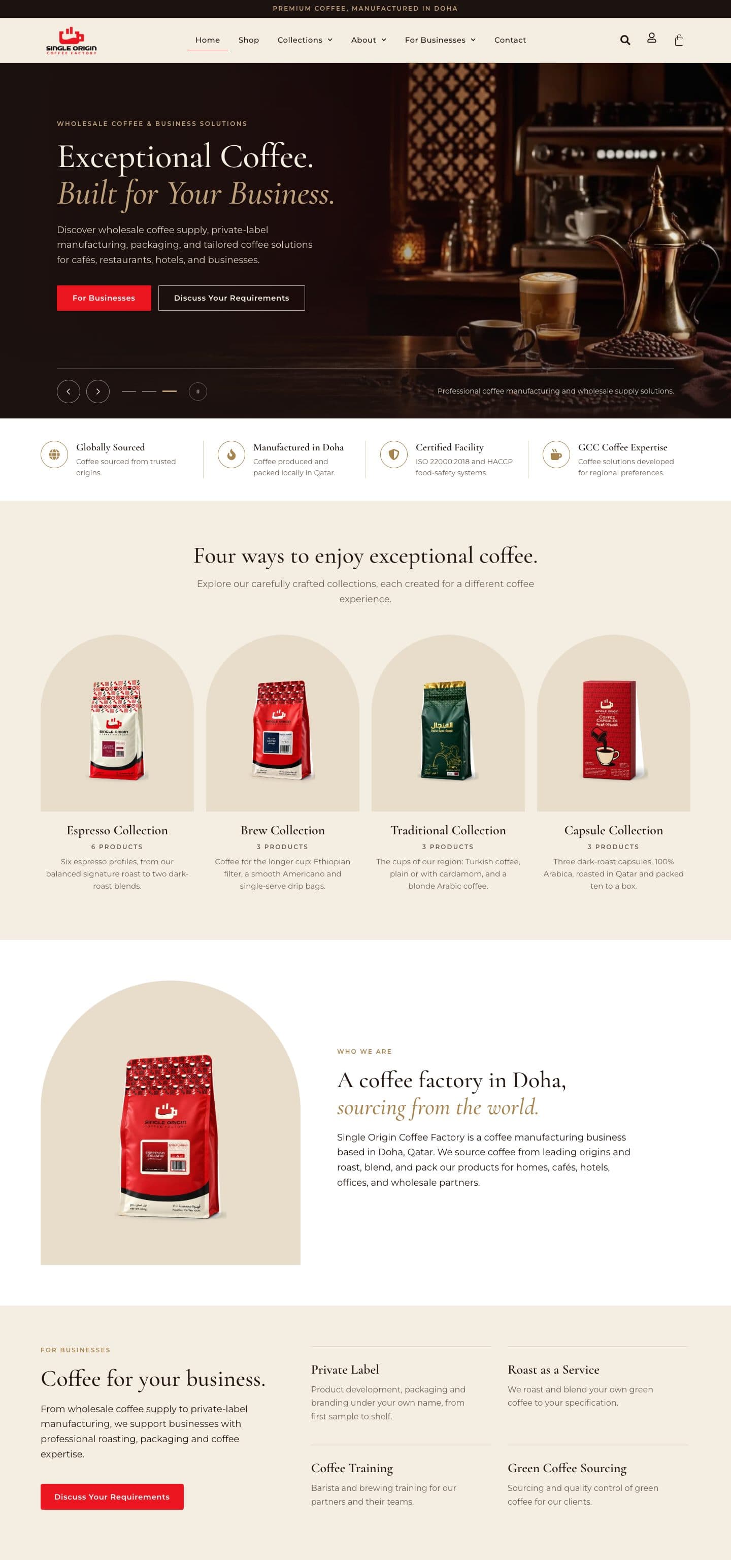 Single Origin Coffee Factory homepage, full length