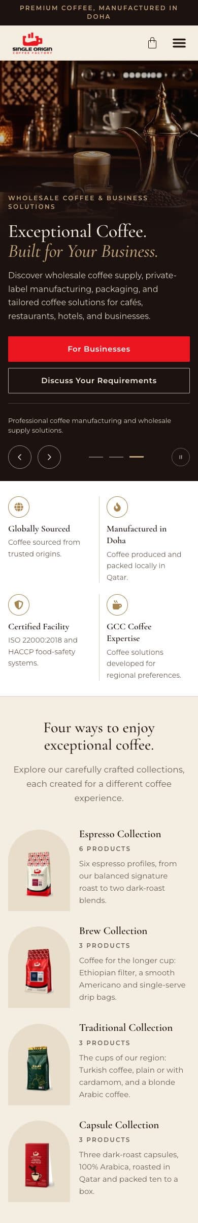 Single Origin Coffee Factory homepage on mobile