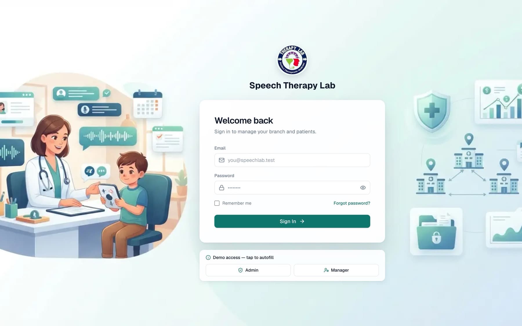 Speech Therapy Lab ERP app — Sign-in screen
