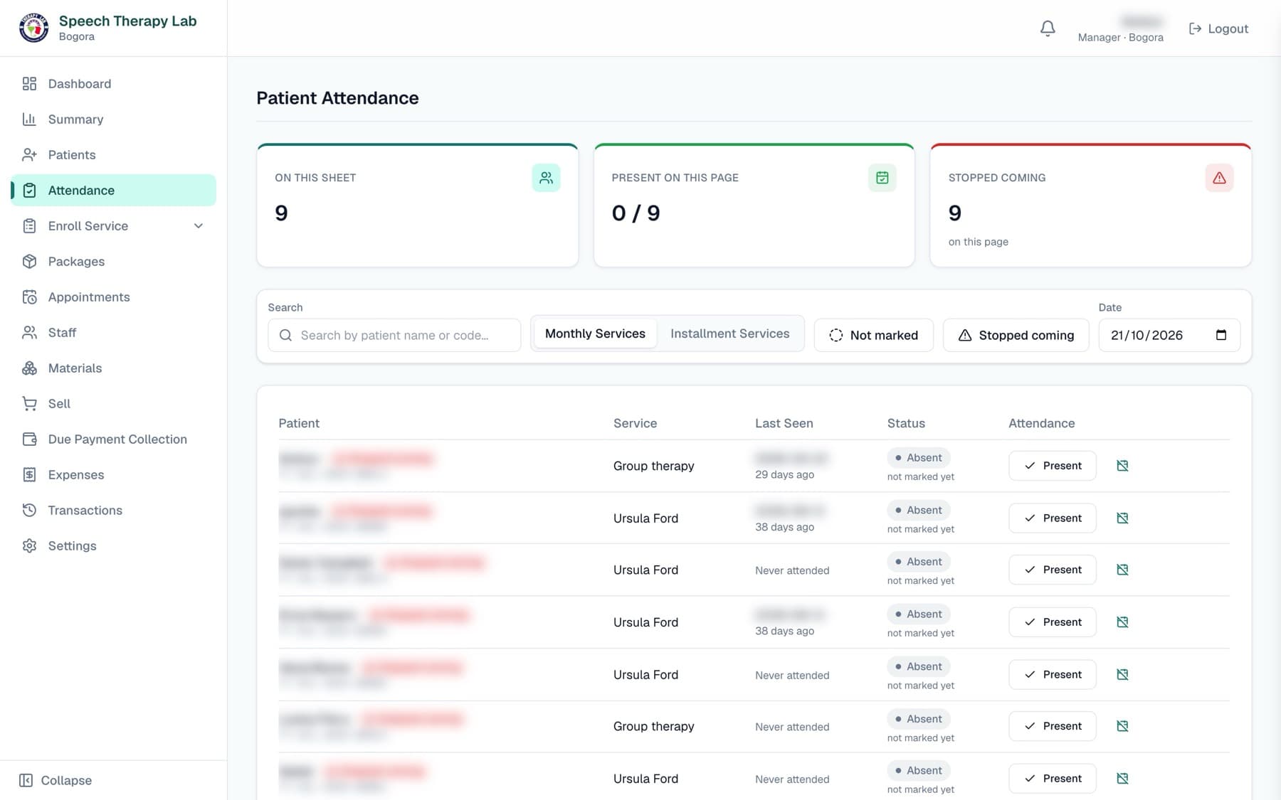 Speech Therapy Lab ERP app — Patient attendance screen