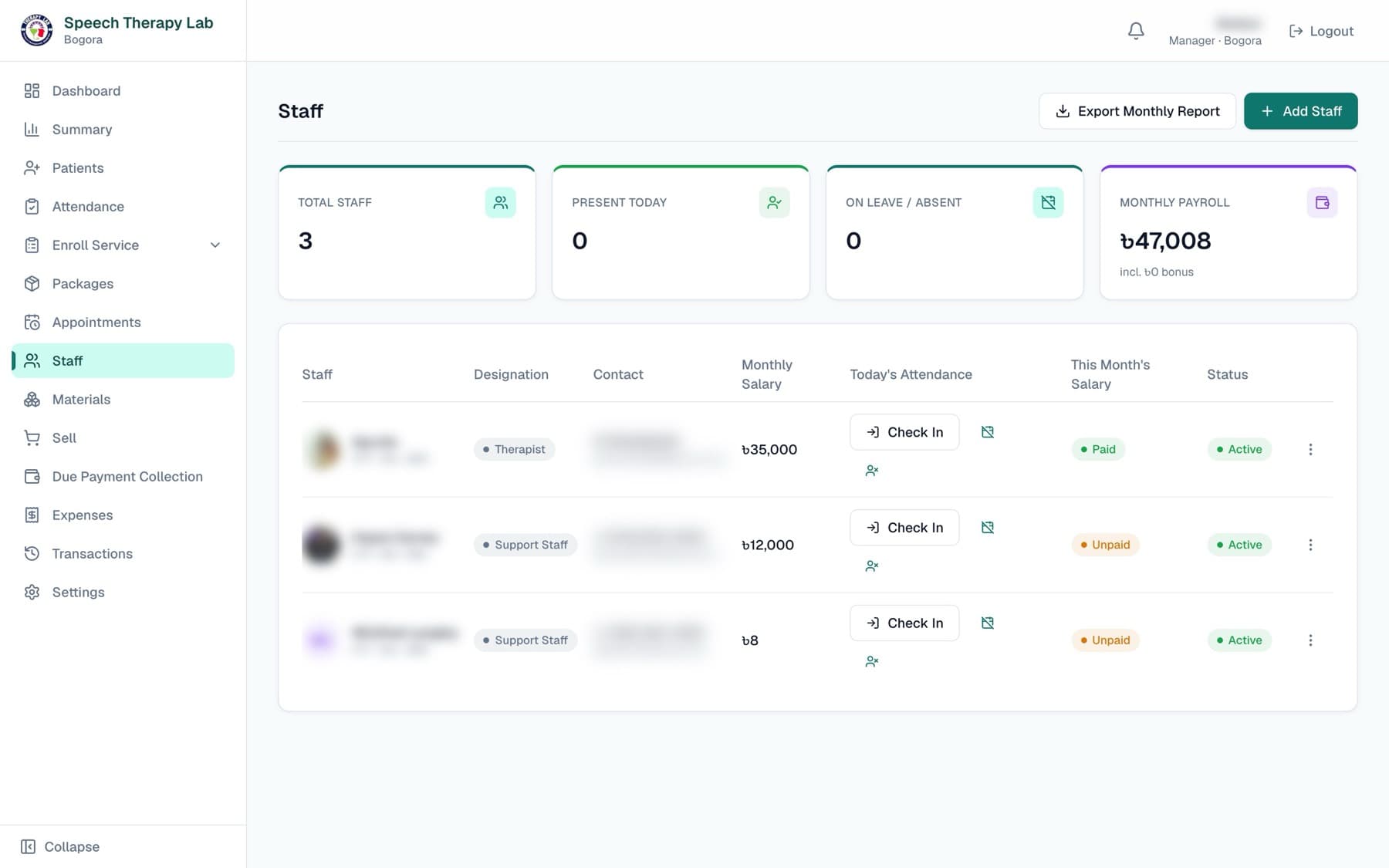 Speech Therapy Lab ERP app — Staff & payroll screen
