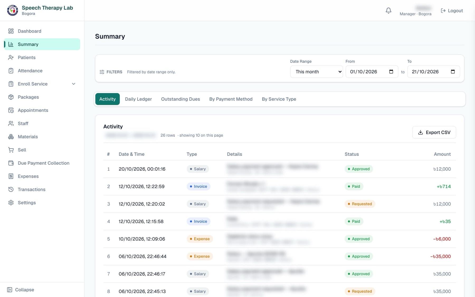 Speech Therapy Lab ERP app — Branch summary screen