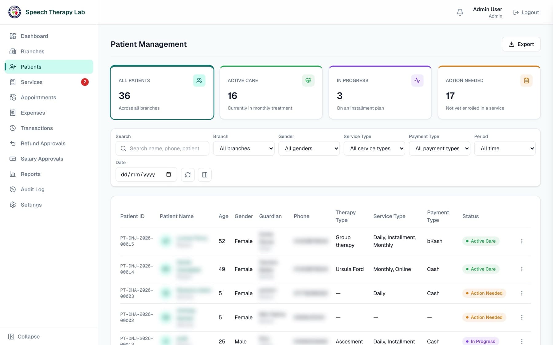 Speech Therapy Lab ERP app — Patient management screen