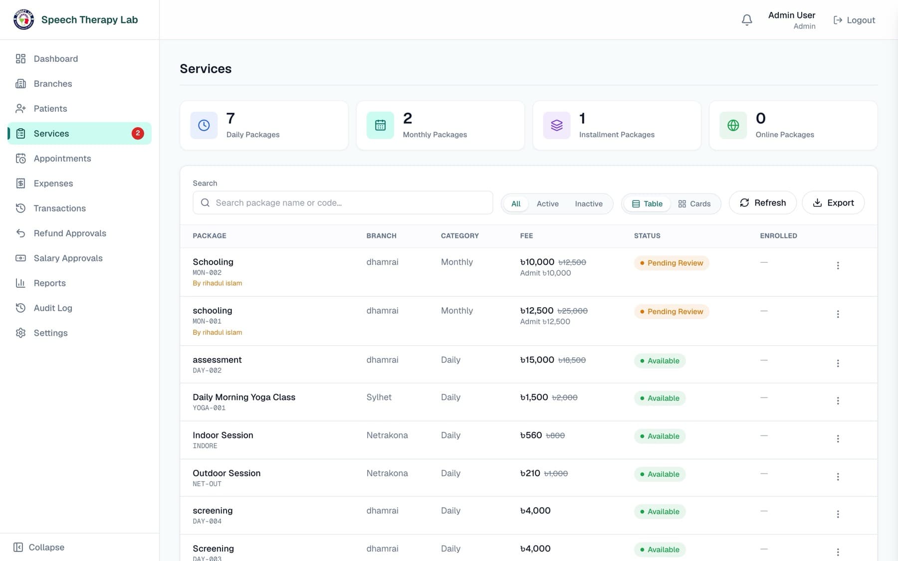 Speech Therapy Lab ERP app — Service packages screen