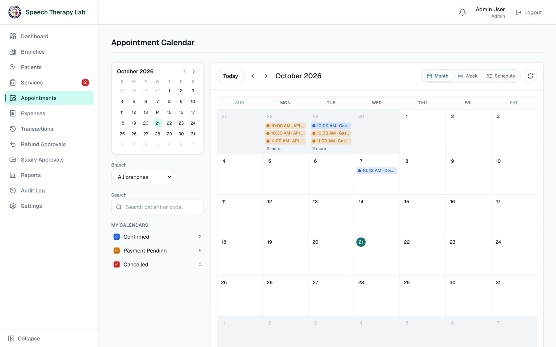Speech Therapy Lab ERP app — Appointment calendar screen