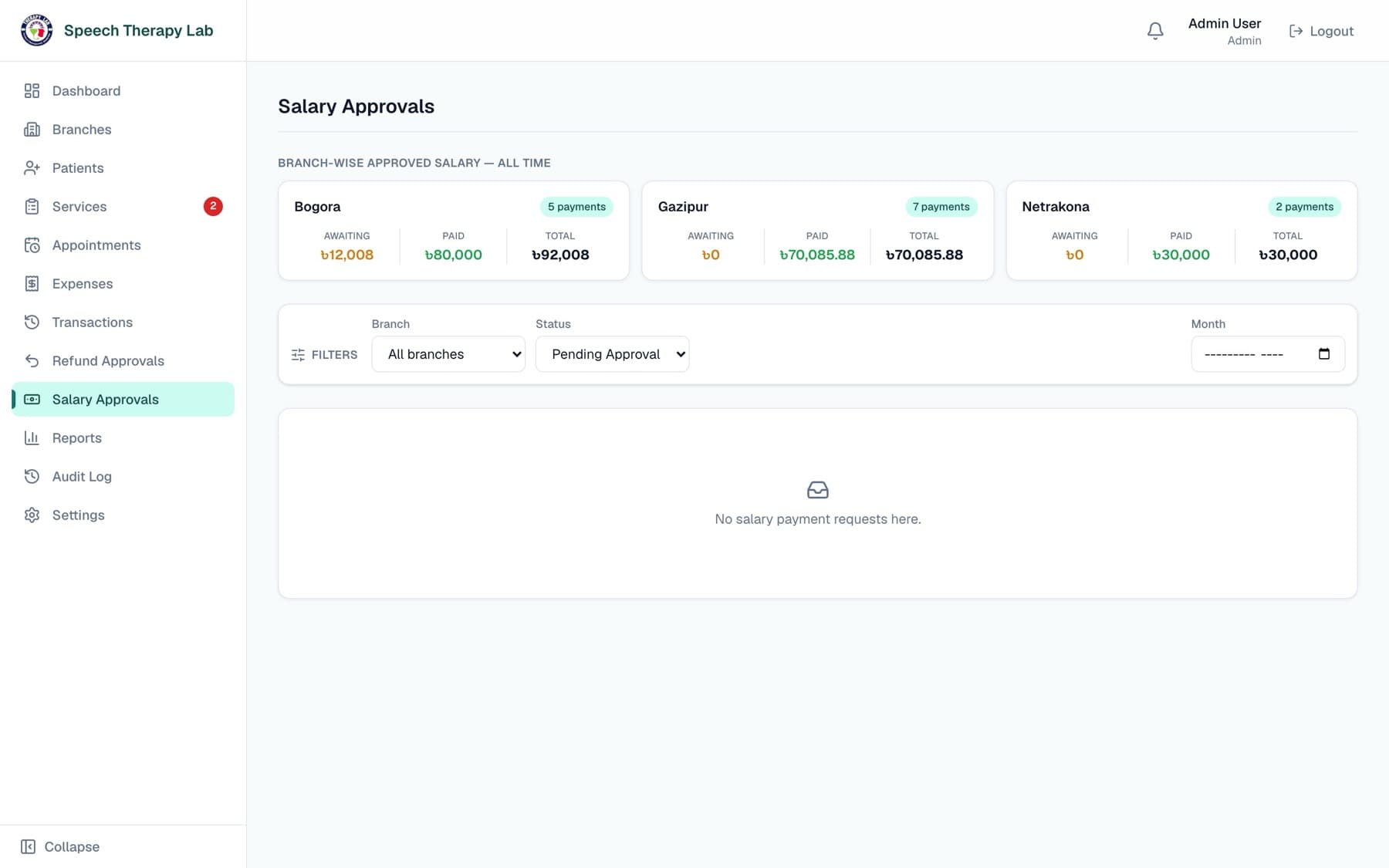 Speech Therapy Lab ERP app — Salary approvals screen