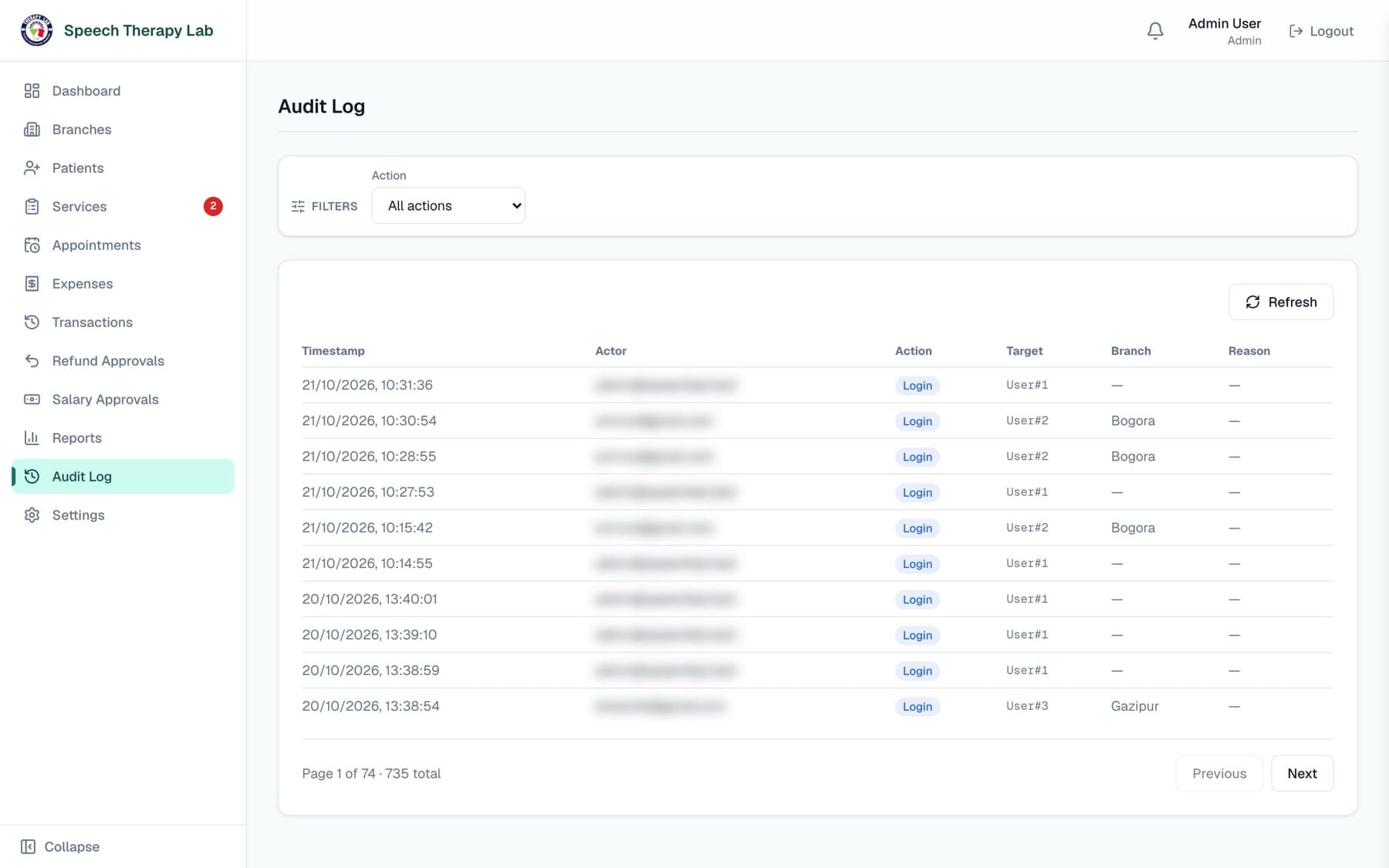 Speech Therapy Lab ERP app — Audit log screen