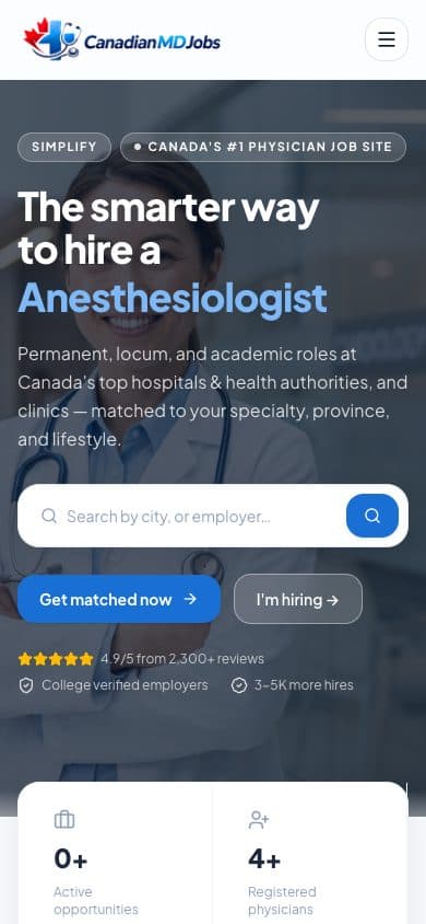 CanadianMdJobs homepage on mobile