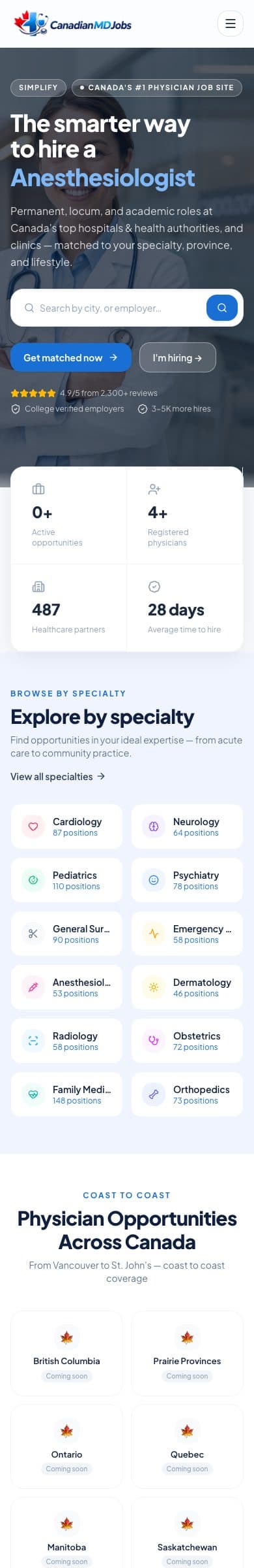 CanadianMdJobs homepage on mobile
