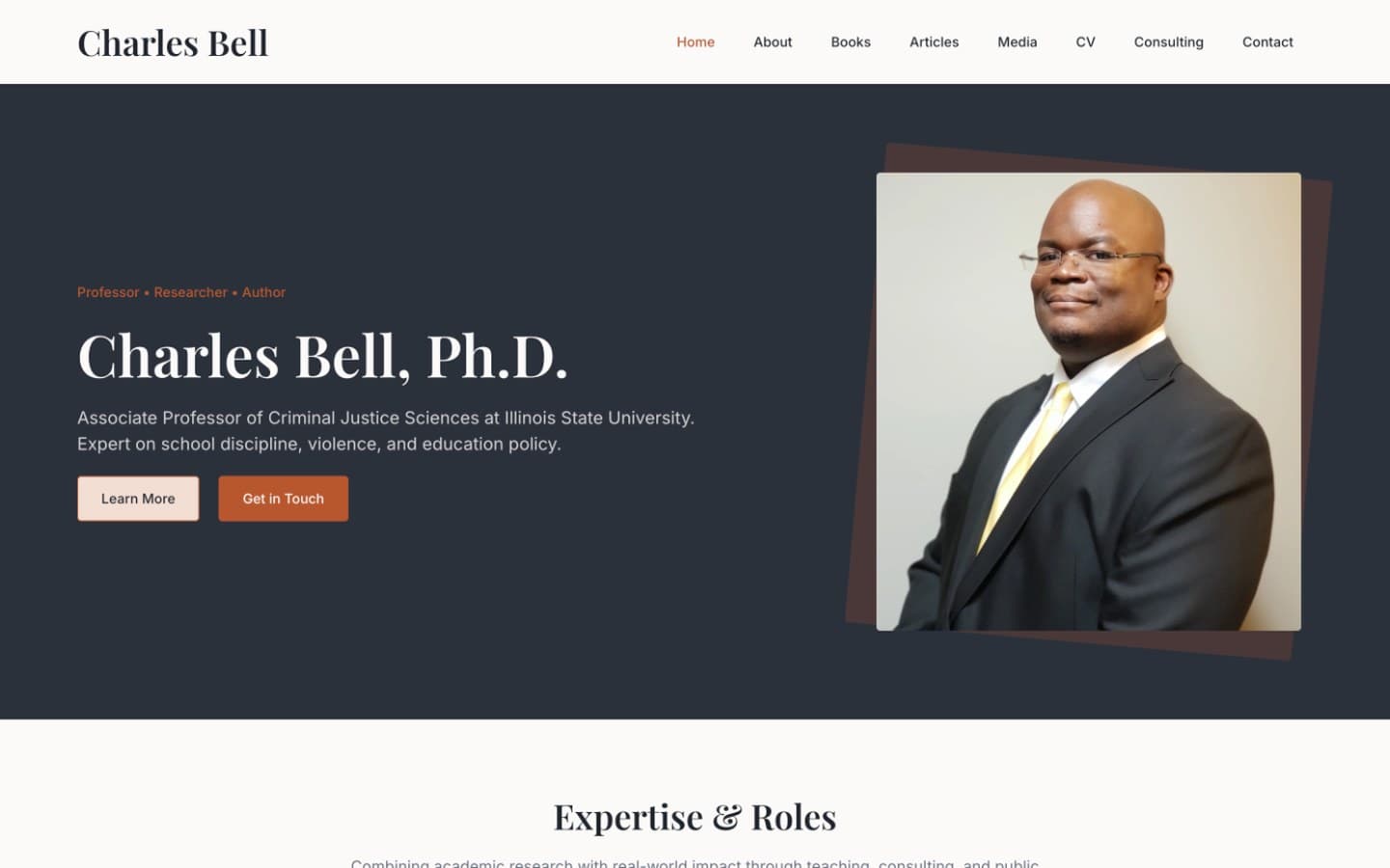 Charles Bell, Ph.D. website — desktop homepage