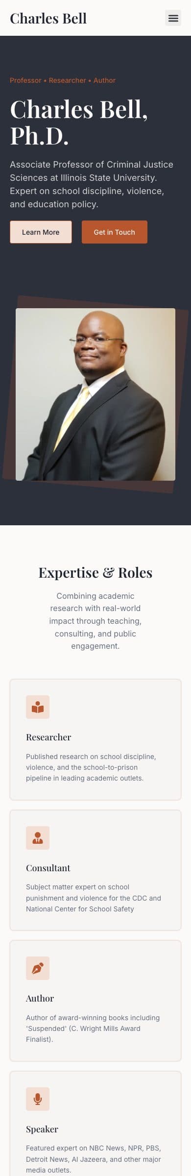 Charles Bell, Ph.D. homepage on mobile