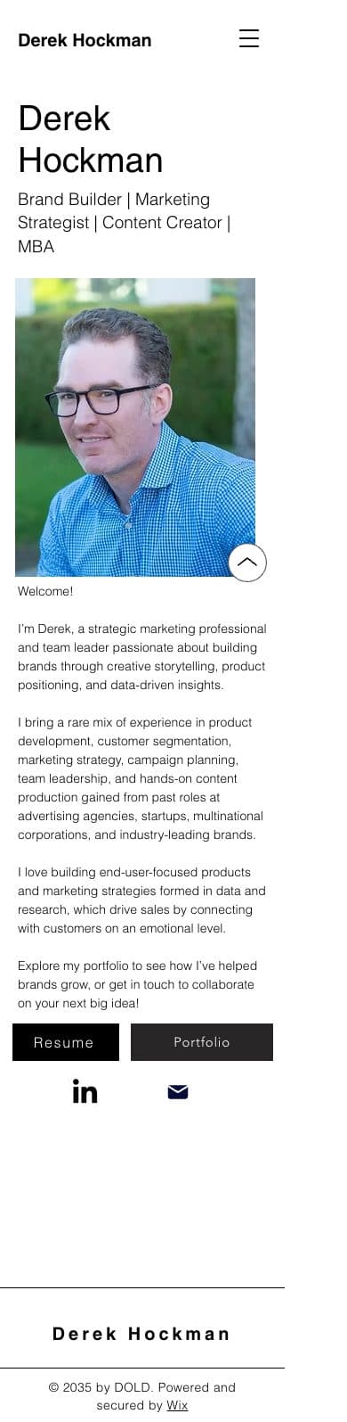 Derek Hockman homepage on mobile