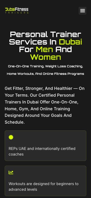 Dubai Fitness Trainers homepage on mobile