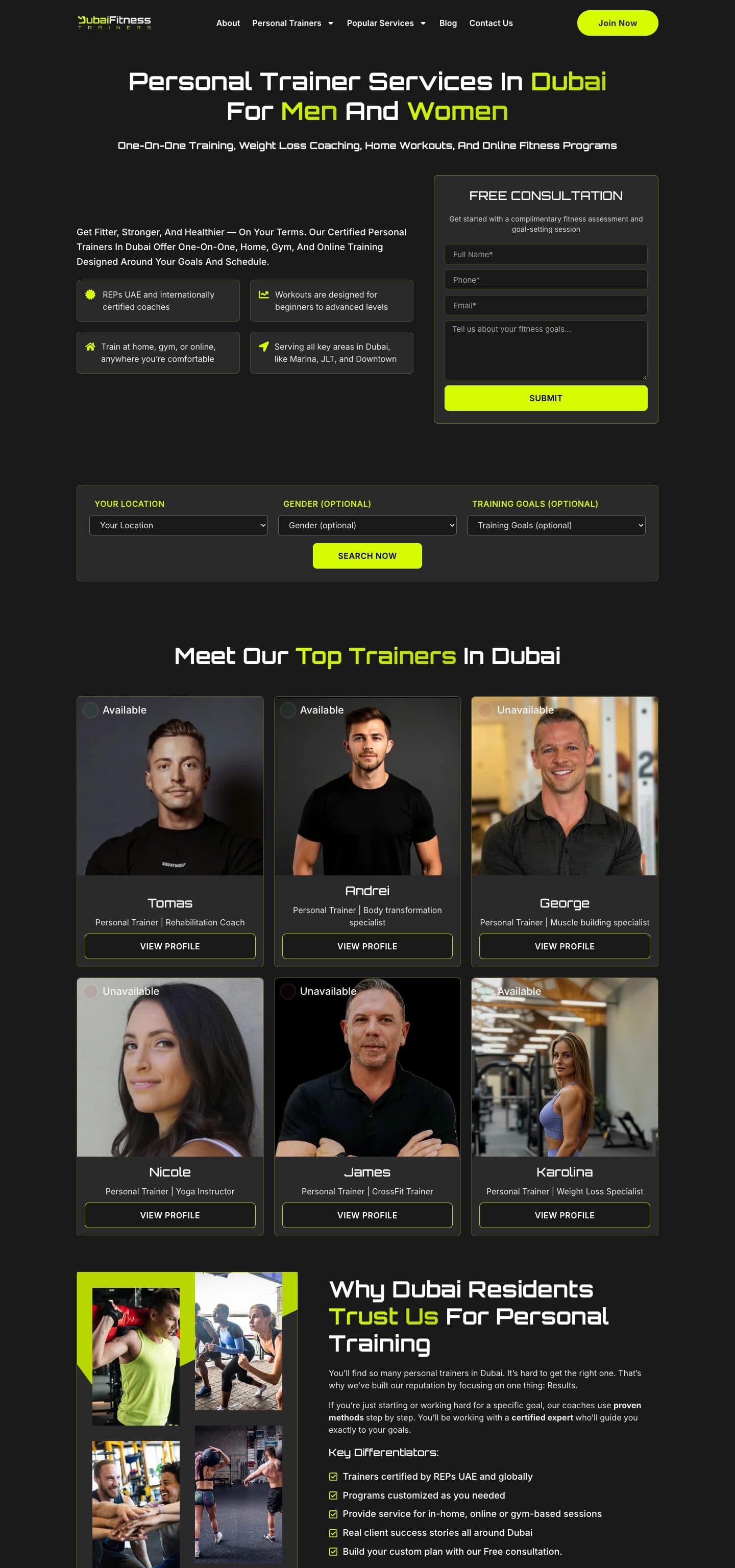 Dubai Fitness Trainers homepage, full length