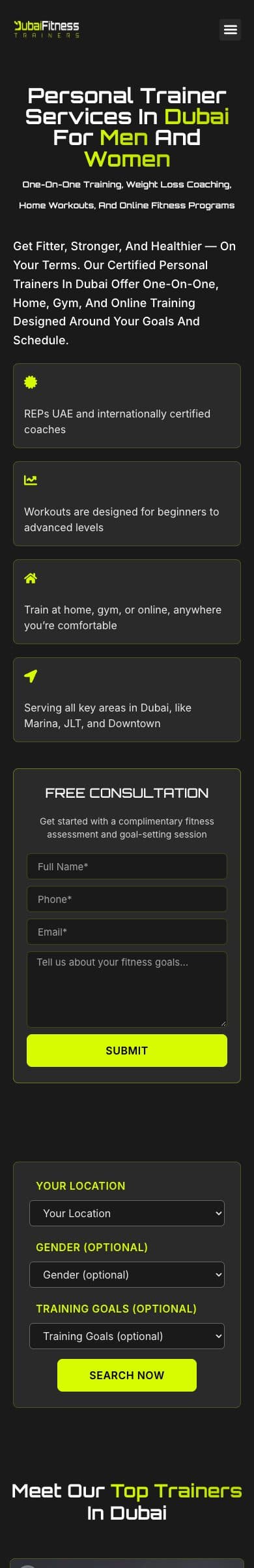 Dubai Fitness Trainers homepage on mobile