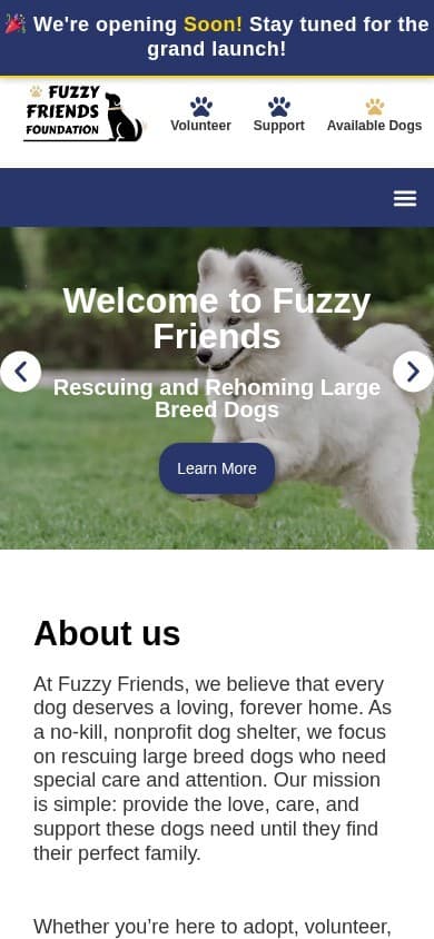 Fuzzy Friends Foundation homepage on mobile