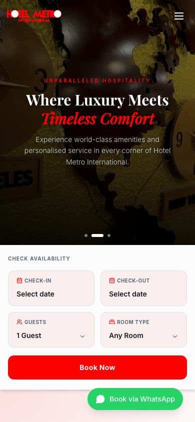 Hotel Metro International homepage on mobile