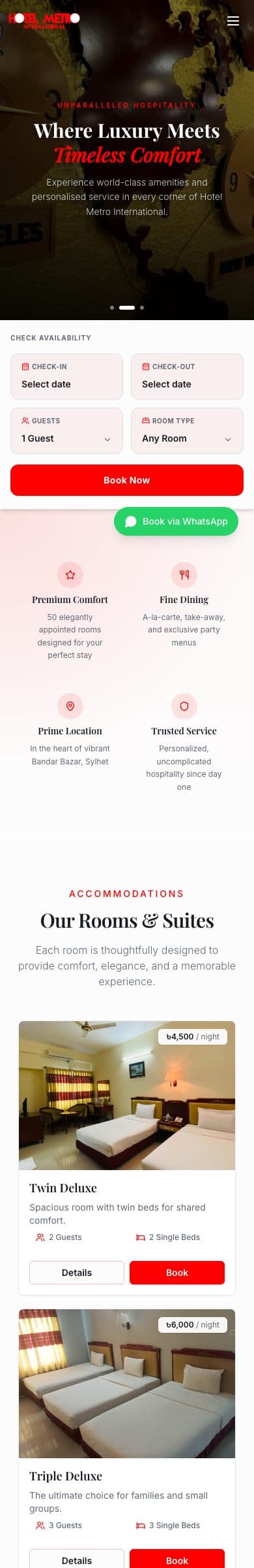 Hotel Metro International homepage on mobile
