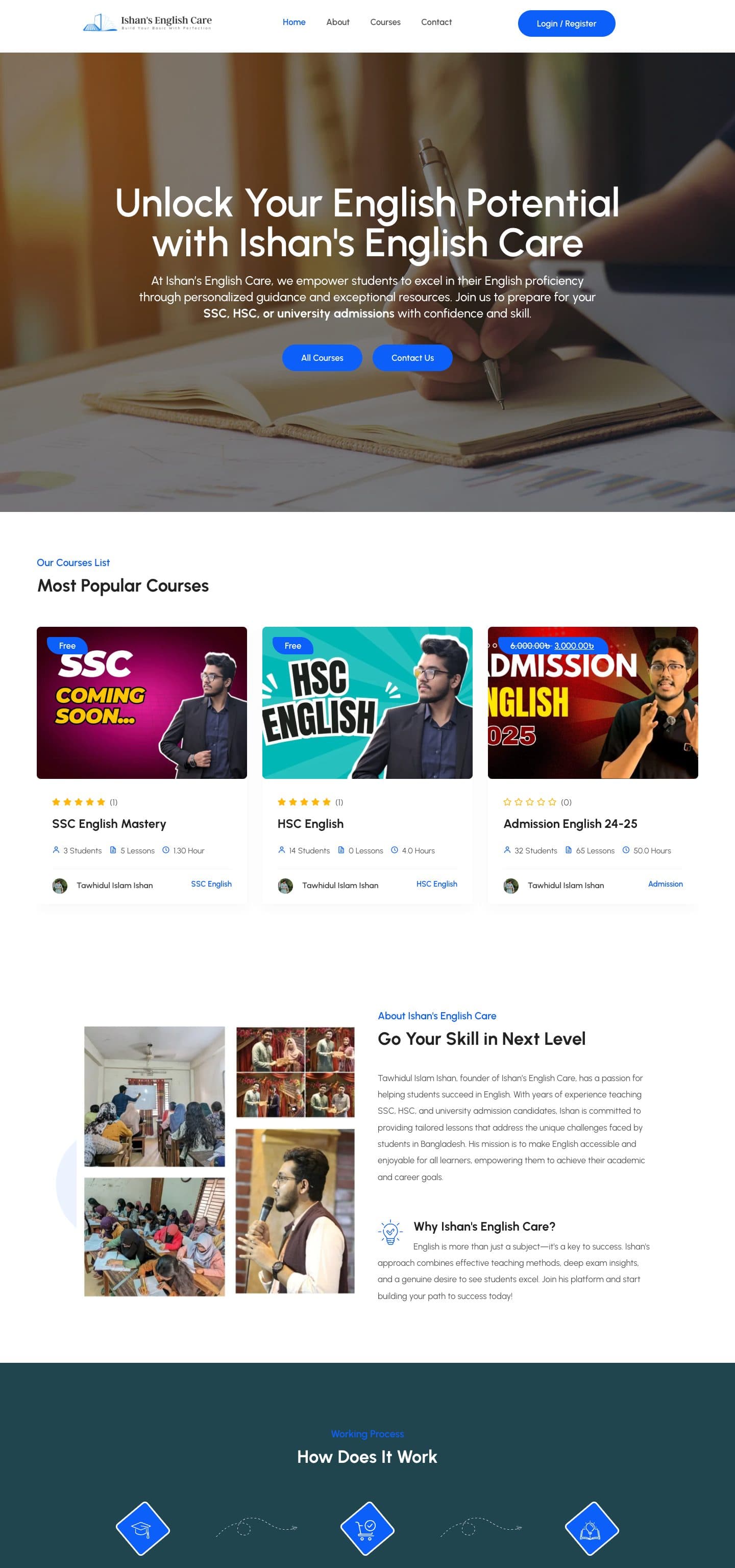 Ishan’s English Care homepage, full length