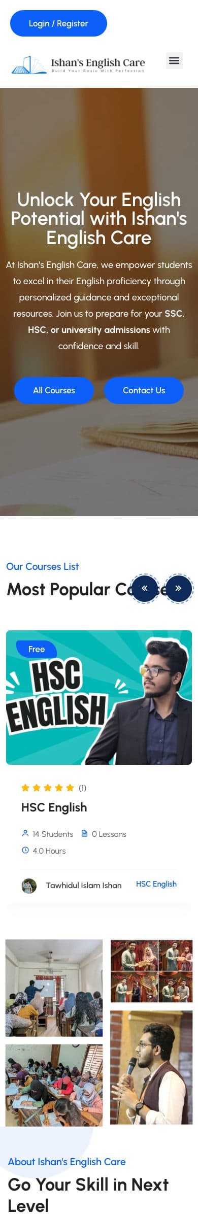 Ishan’s English Care homepage on mobile