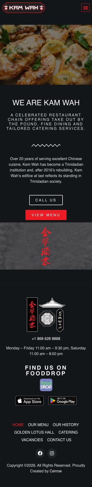 Kam Wah Restaurants homepage on mobile