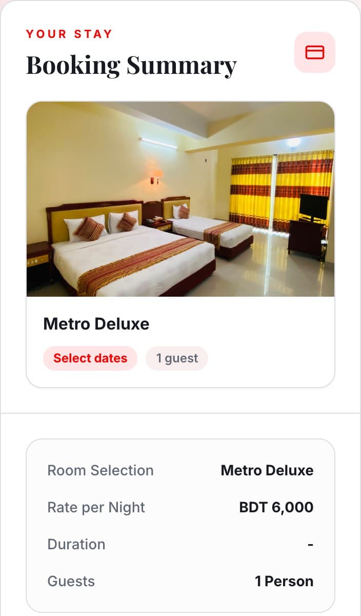 Hotel Metro International booking summary with the Metro Deluxe room selected