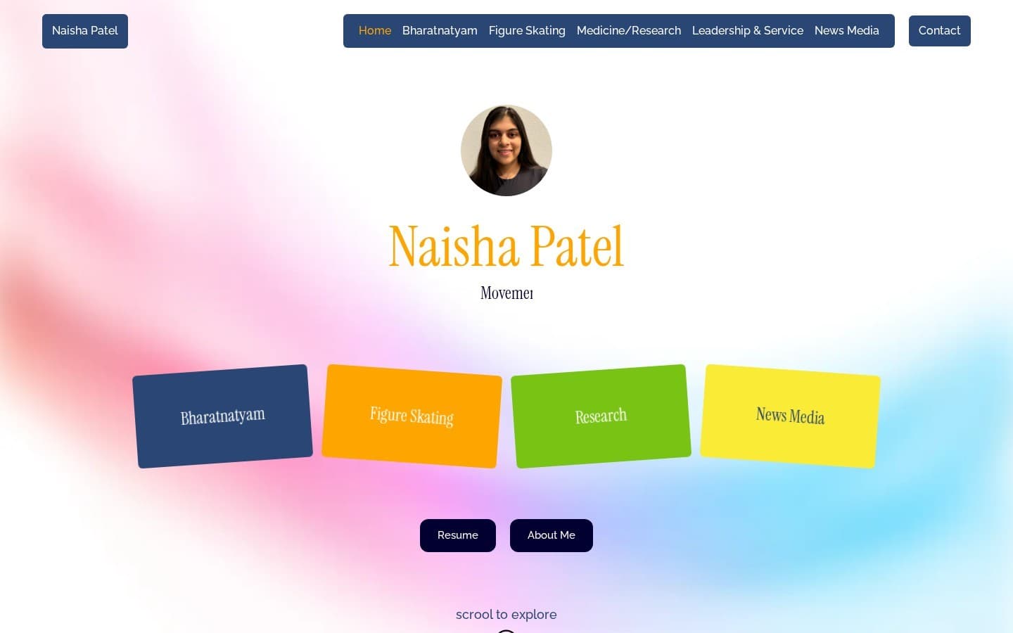 Naisha Patel website — desktop homepage