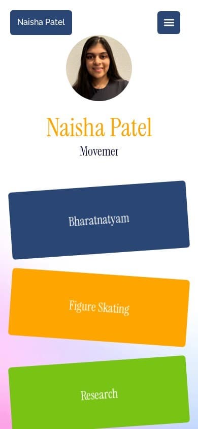 Naisha Patel homepage on mobile