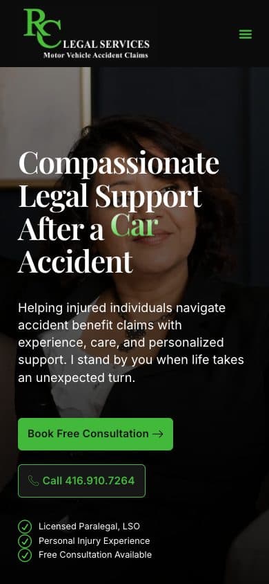RC Legal Services homepage on mobile