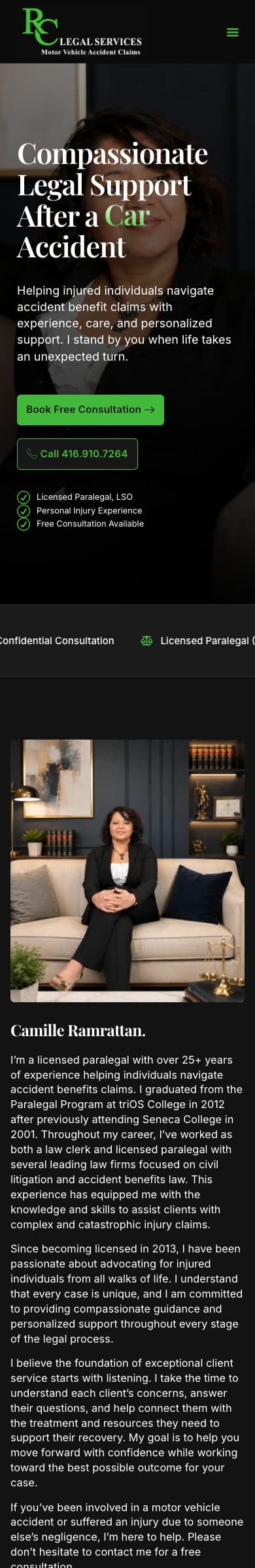 RC Legal Services homepage on mobile