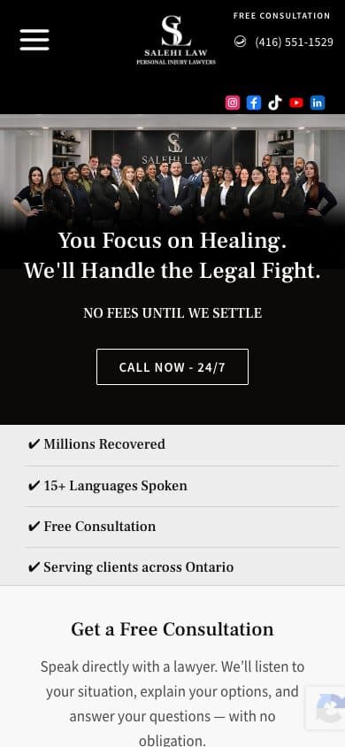 Salehi Law homepage on mobile