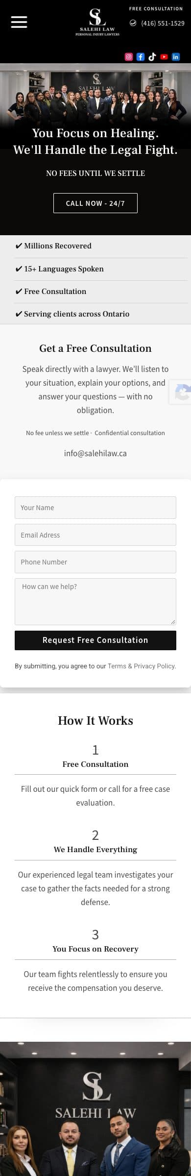 Salehi Law homepage on mobile