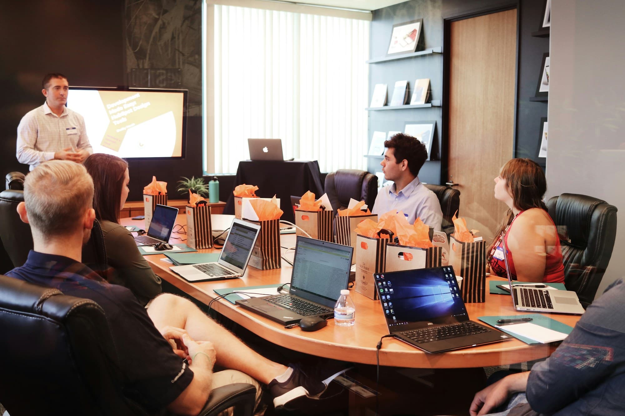 Team reviewing marketing results in a meeting room