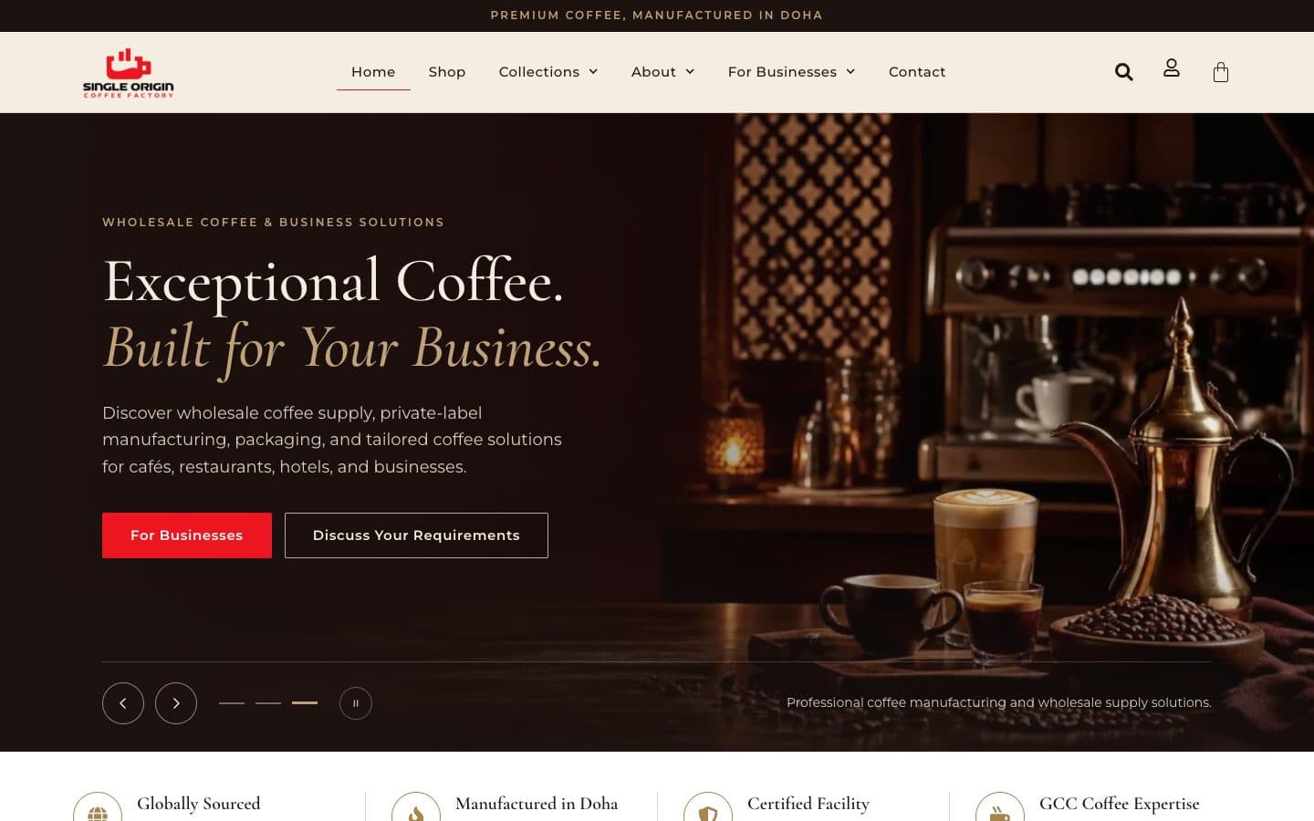 Single Origin Coffee Factory website — desktop homepage