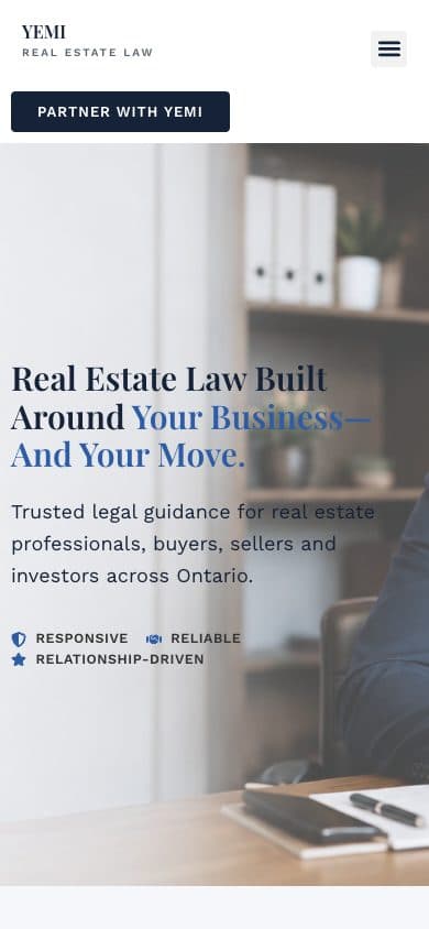 Yemi Real Estate Law homepage on mobile