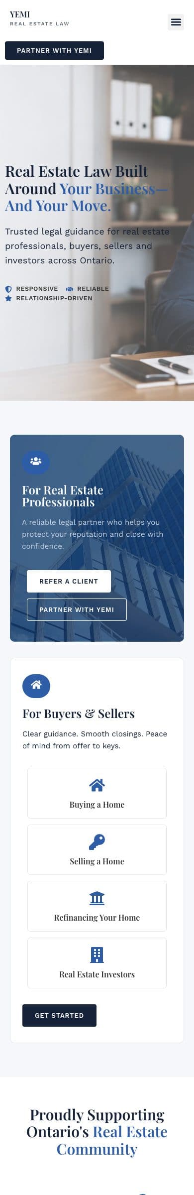Yemi Real Estate Law homepage on mobile
